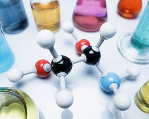 Molecule, beakers, and chemicals