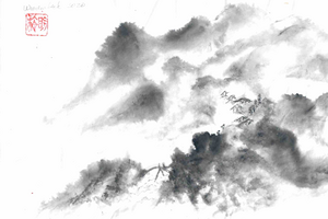 Misty Mountains with Village in Zen Style