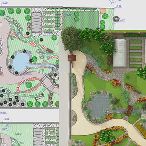 drawing and model of landscaped plot of land