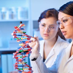 two female scientists studying molecules