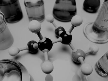 Molecule, beakers, and chemicals