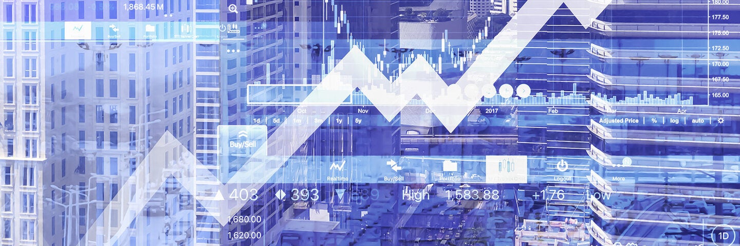 graphs and diagrams layered over highrise buildings