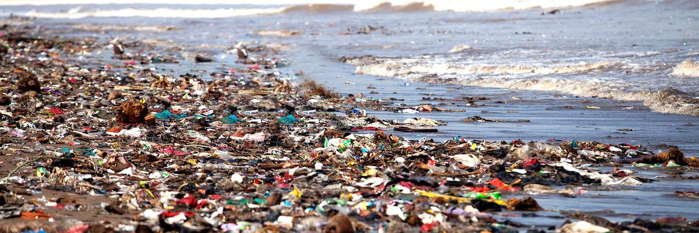 Polluted Shore Covered By Washed Up Garbage