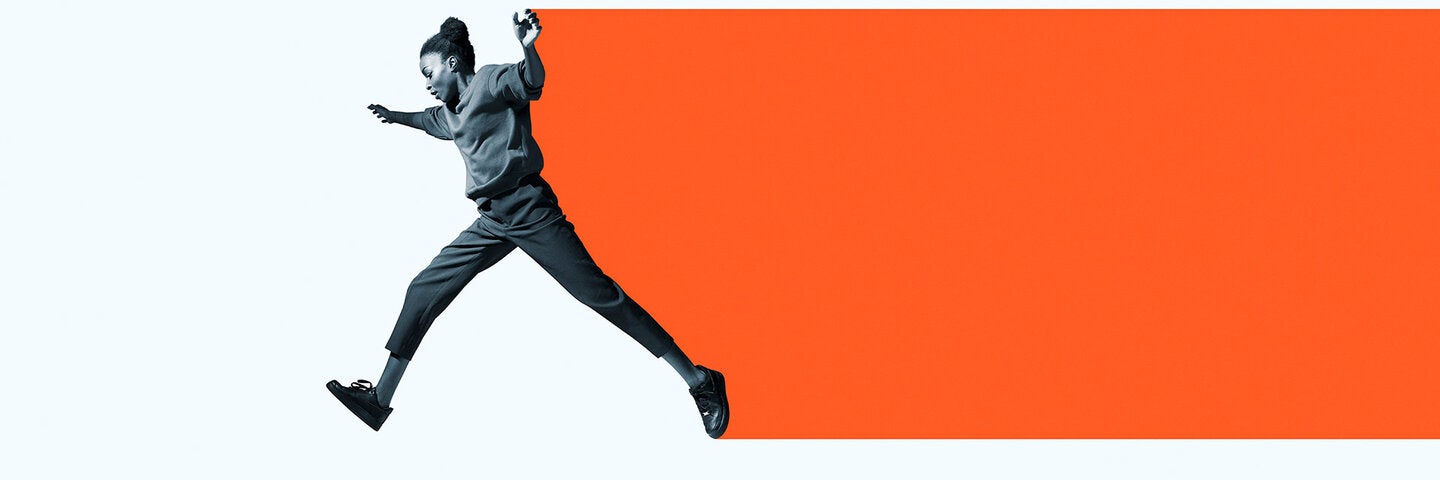 Illustration of a woman taking a big step with an orange graphic