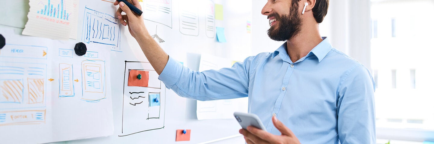 Professional man organizing thoughts on a whiteboard