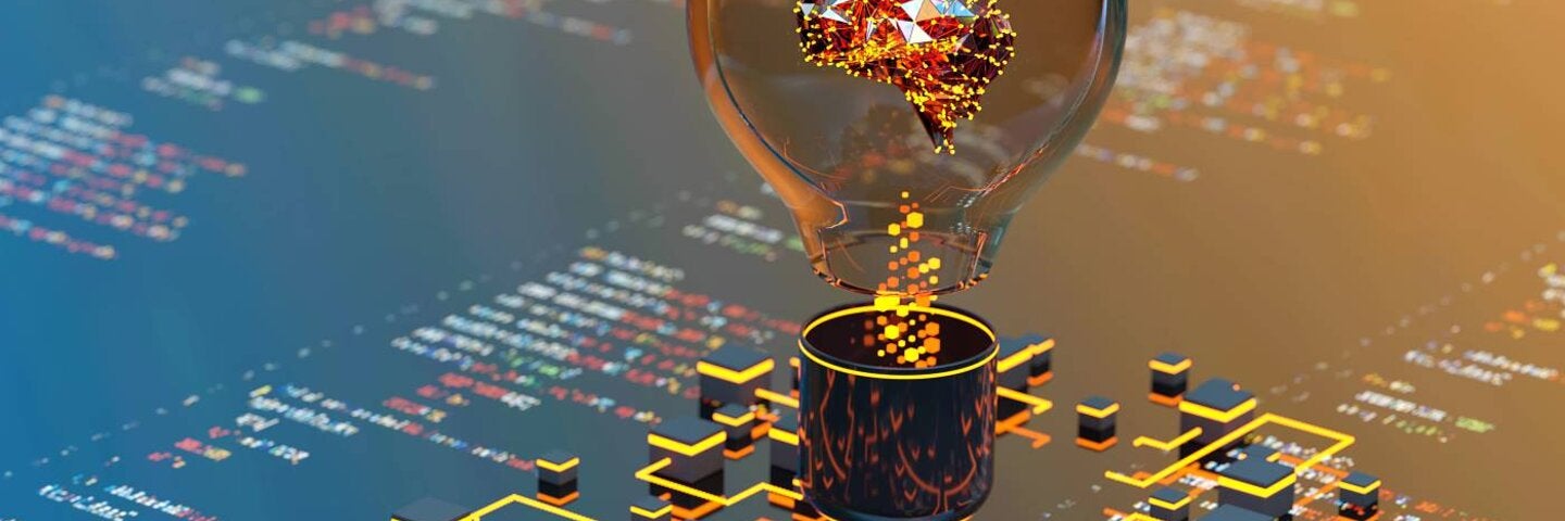 Artificial Intelligence digital concept abstract brains inside light bulb