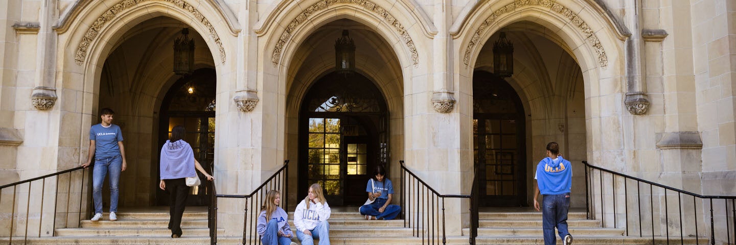 Students outside of Kerckhoff Hall, on the UCLA campus